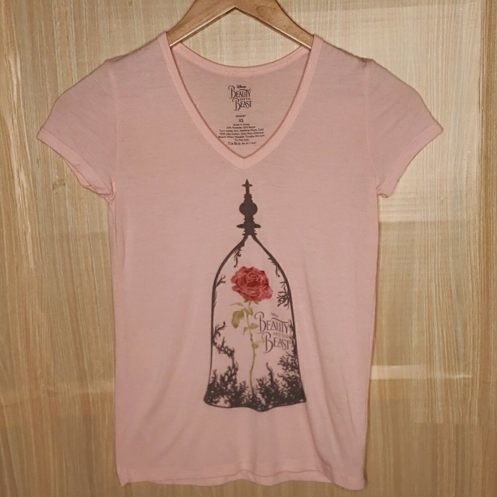 Disney Beauty And The Beast Womens Pink V Neck Top